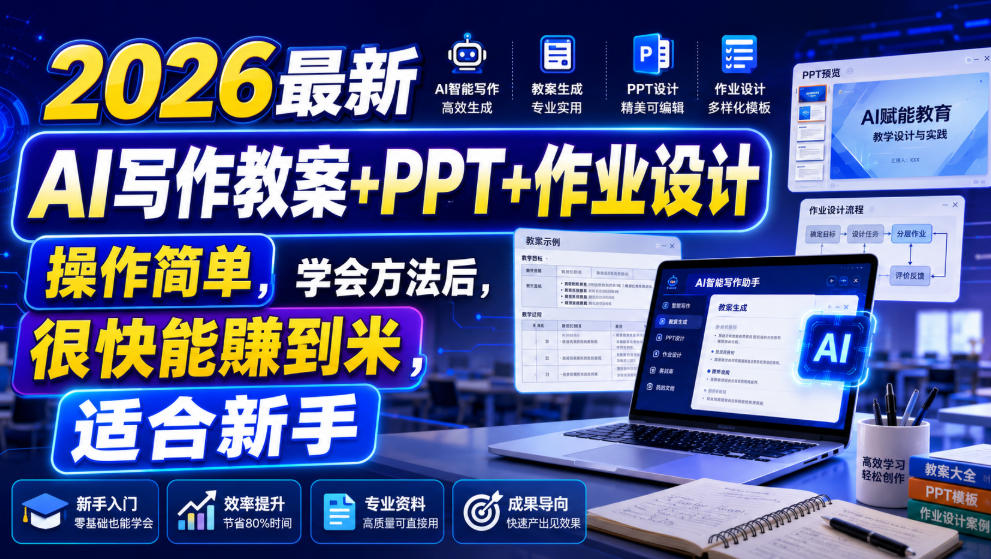2026最新AI写作教案+PPT+作业设计,操作简单,学会方法后,很快能賺到米,适合新手-来聚吧