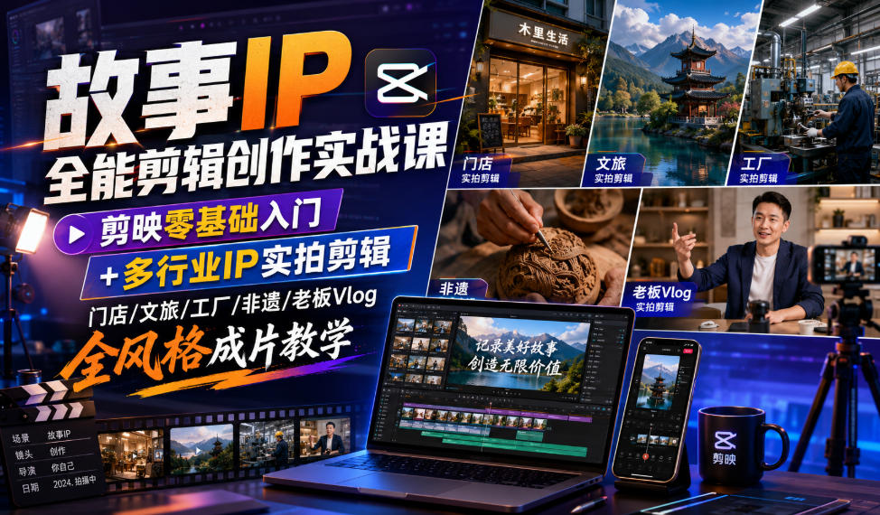 故事IP全能剪辑创作实战课|剪映零基础入门+多行业IP实拍剪辑,门店/文旅/工厂/非遗/老板Vlog全风格成片教学-来聚吧
