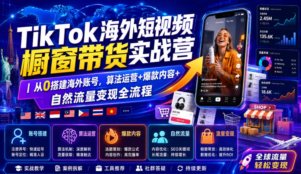 TikTok海外短视频橱窗带货实战营|从0搭建海外账号,算法运营+爆款内容+自然流量变现全流程-来聚吧