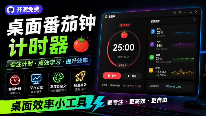 仅1.16MB,开源极简的桌面时钟、番茄钟计时器,还支持系统监控显示,桌面效率小工具Catime-来聚吧