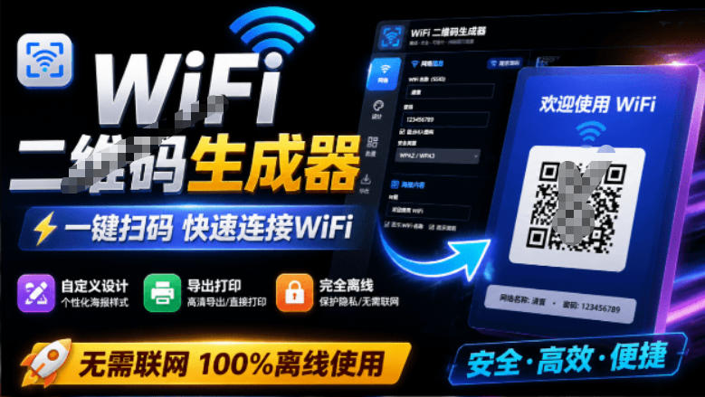 完全离线使用!WiFi二维码生成器,一键扫码快速连接WiFi,支持自定义风格导出WiFi二维码生成器-来聚吧