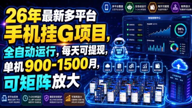 26年最新多平台手机挂G项目,全自动运行,每天可提现,单机900-1500月,可矩阵放大【揭秘】-来聚吧
