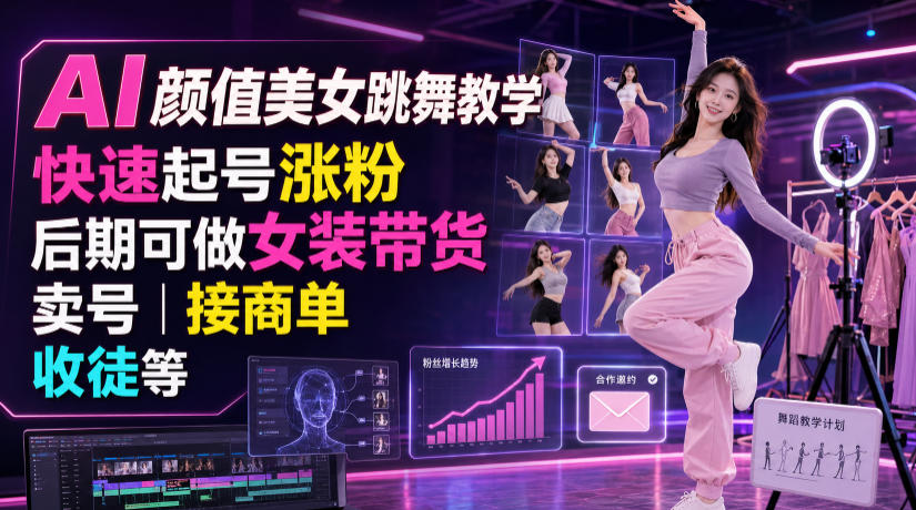 AI颜值美女跳舞教学,快速起号涨粉,后期可做女装带货,卖号,接商单,收徒等-来聚吧