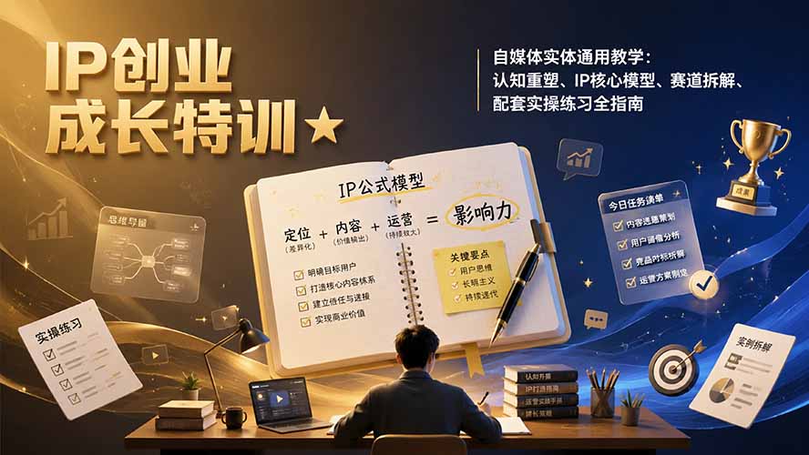 IP创业成长特训★自媒体实体通用教学:认知重塑、IP核心模型、赛道拆解、配套实操练习全指南-来聚吧