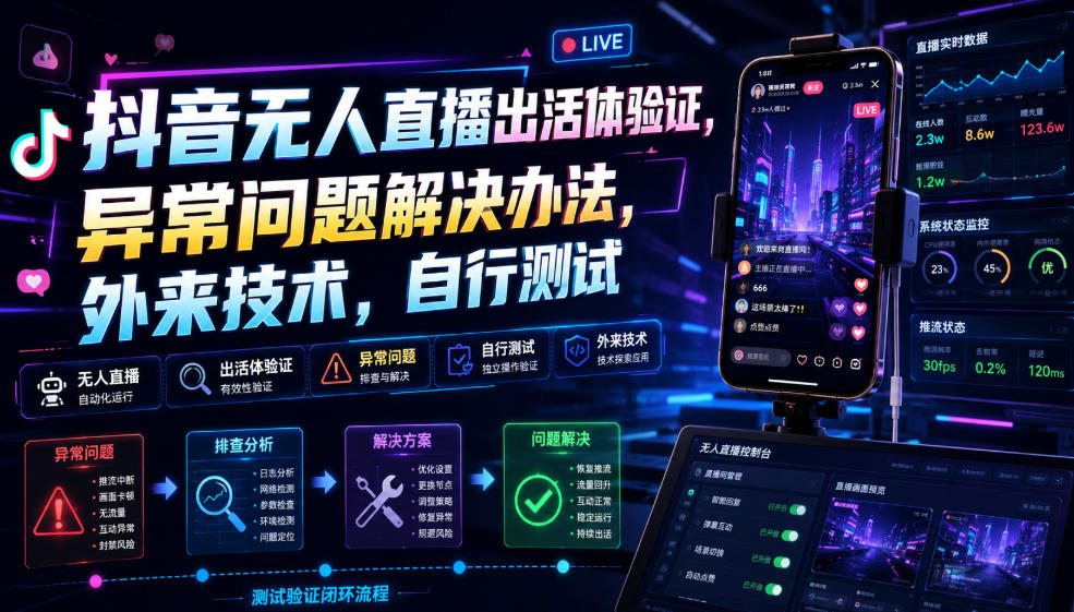 抖音无人直播出活体验证,异常问题解决办法,外来技术,自行测试-来聚吧