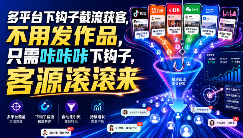 多平台下钩子截流获客,不用发作品,只需咔咔咔下钩子,客源滚滚来-来聚吧