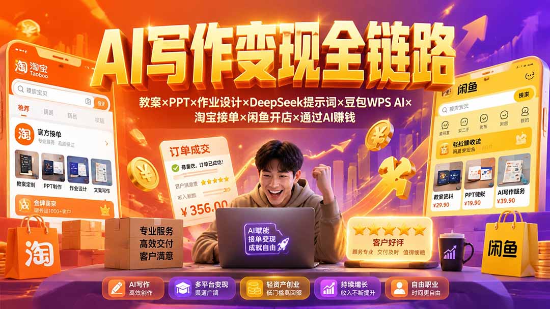 2026AI写作变现全链路:教案×PPT×作业设计×DeepSeek提示词×豆包WPS AI×淘宝接单×闲鱼开店×通过AI賺钱-来聚吧
