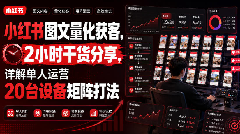 小红书图文量化获客,2小时干货分享,详解单人运营20台设备矩阵打法-来聚吧