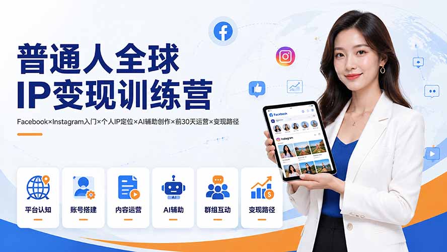 普通人全球IP变现训练营:Facebook×Instagram入门×个人IP定位×AI辅助创作×前30天运营×变现路径-来聚吧