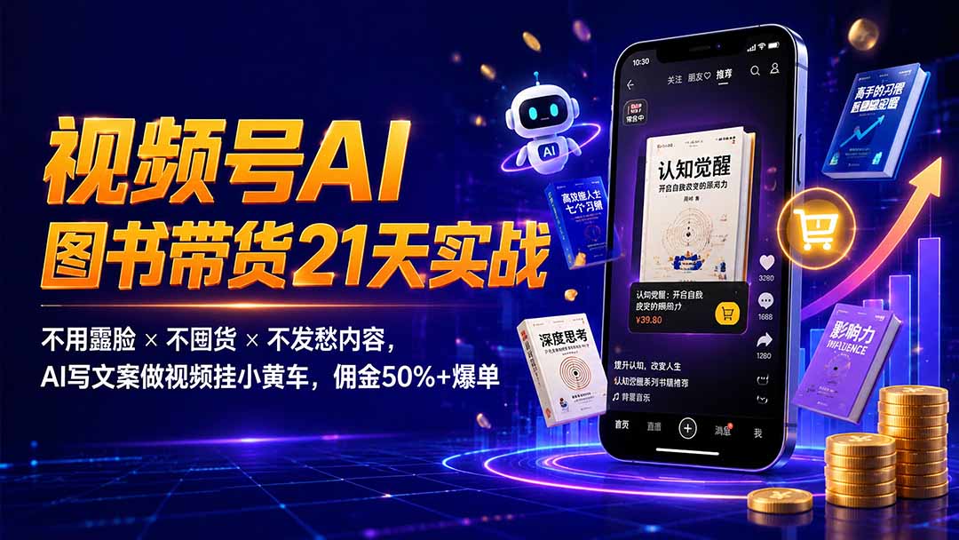 繁花视频号AI图书带货21天实战：不用露脸×不囤货×不发愁内容，AI写文案做视频挂小黄车，佣金50%+爆单-来聚吧