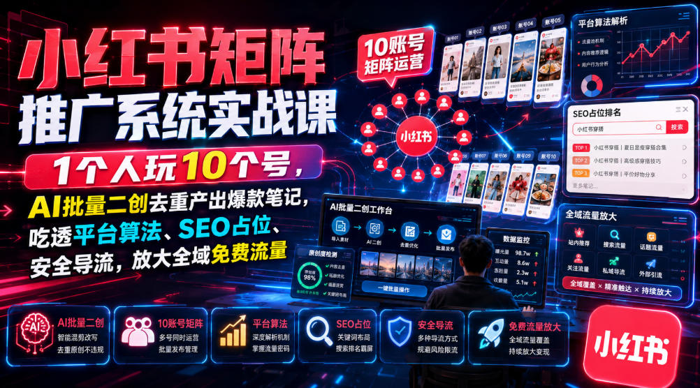 小红书矩阵推广系统实战课|1个人玩10个号,AI批量二创去重产出爆款笔记,吃透平台算法、SEO占位、安全导流,放大全域免费流量-来聚吧
