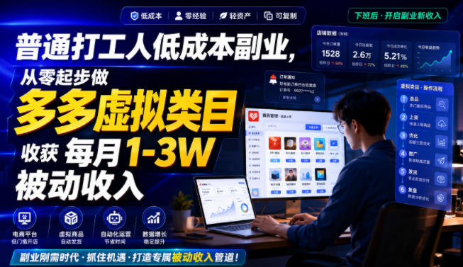 普通打工人低成本副业,从零起步做多多虚拟类目,收获每月1-3W被动收入【揭秘】-来聚吧