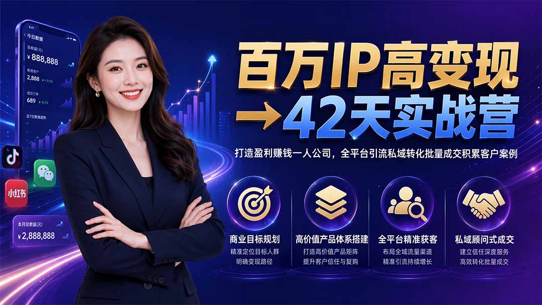 百万IP高变现→42天实战营|打造盈利赚钱一人公司,全平台引流私域转化批量成交积累客户案例-来聚吧