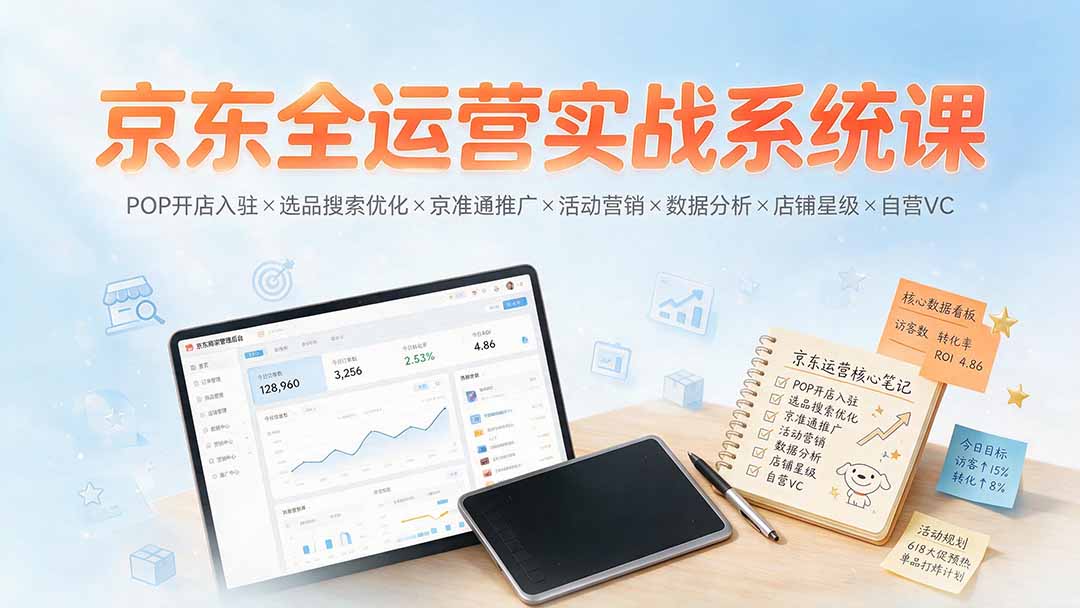 京东全运营实战系统课:POP开店入驻×选品搜索优化×京准通推广×活动营销×数据分析×店铺星级×自营VC-来聚吧