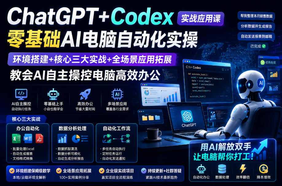 ChatGPT+Codex实战应用课|零基础AI电脑自动化实操,环境搭建+核心三大实战+全场景应用拓展,教会AI自主操控电脑高效办公-来聚吧