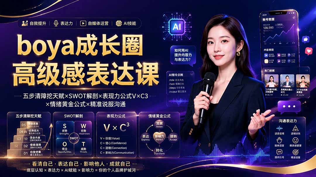boya成长圈|内心成长高级表达AI自媒体三合一,消解内耗挖掘天赋,镜头沟通AI指令短视频全流程教学-来聚吧
