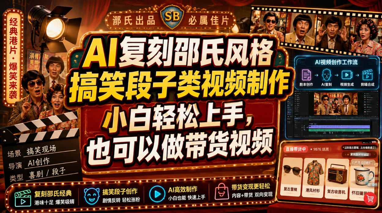 AI复刻邵氏风格搞笑段子类视频制作,小白轻松上手,也可以做带货视频-来聚吧