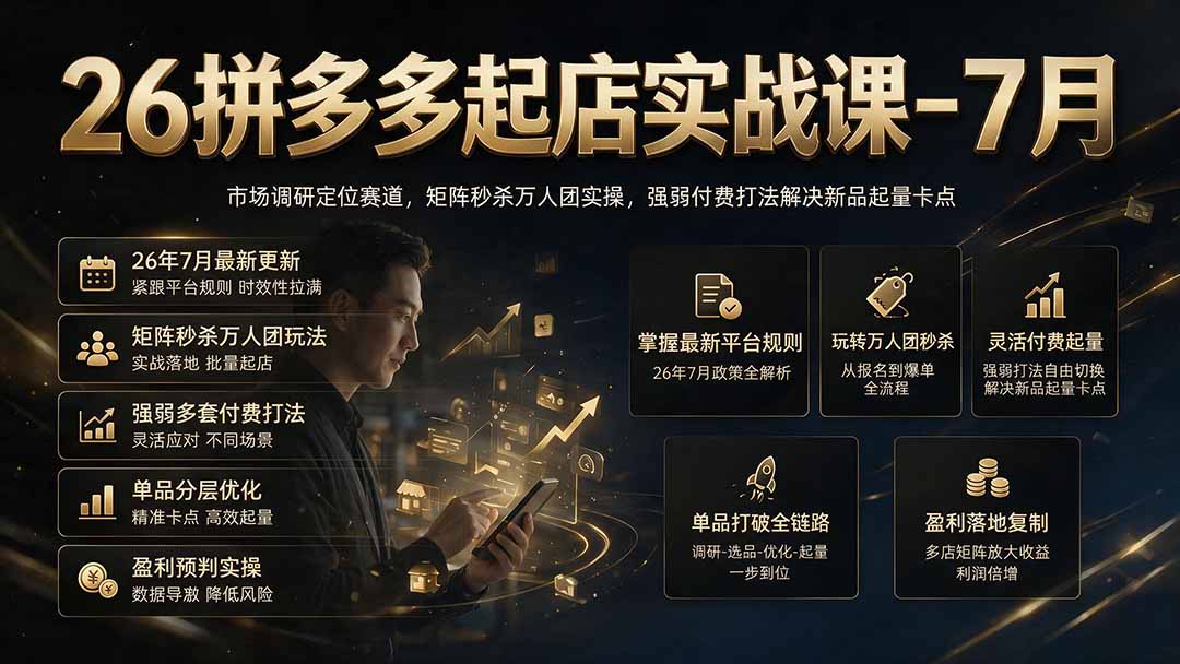 26拼多多起店实战课-7月|市场调研定位赛道,矩阵秒杀万人团实操,强弱付费打法解决新品起量卡点-来聚吧