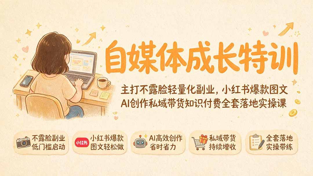 自媒体成长特训|主打不露脸轻量化副业,小红书爆款图文AI创作私域带货知识付费全套落地实操课-来聚吧