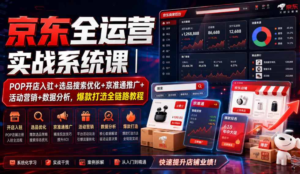 京东全运营实战系统课|POP开店入驻+选品搜索优化+京准通推广+活动营销+数据分析,爆款打造全链路教程-来聚吧