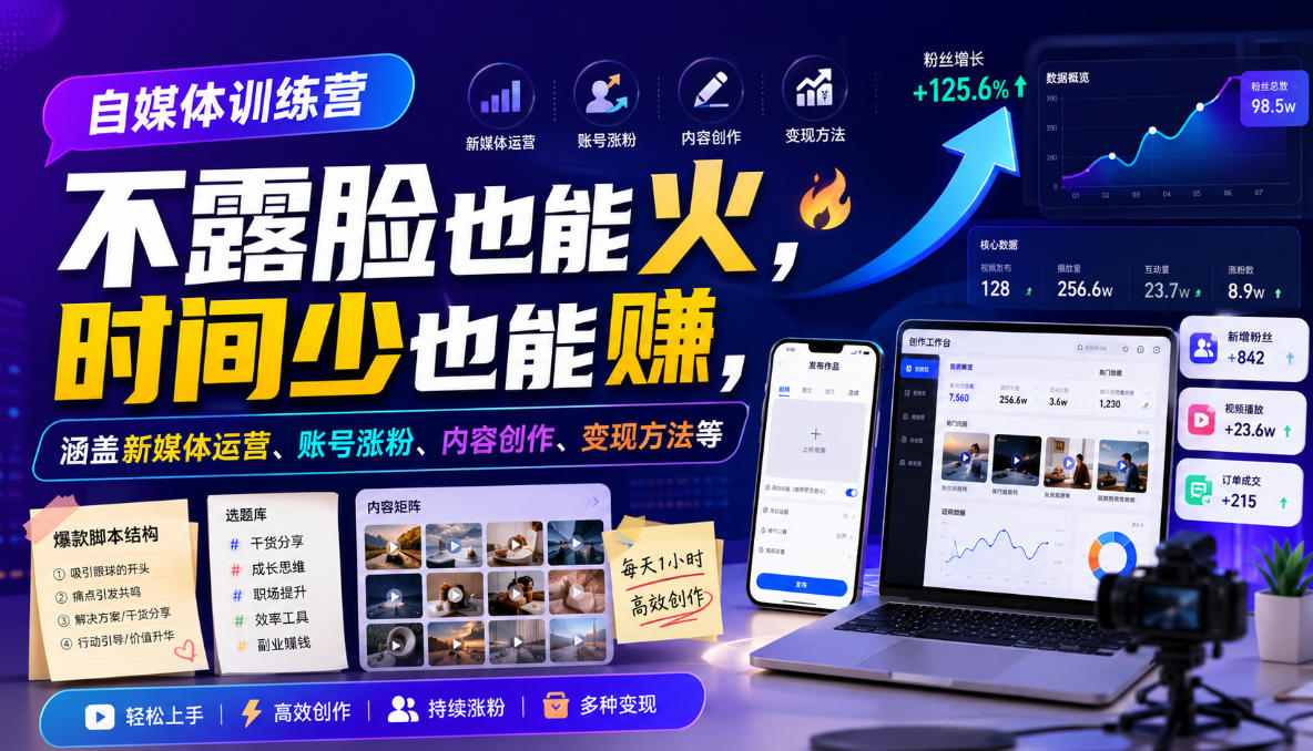 自媒体训练营,不露脸也能火,时间少也能賺,涵盖新媒体运营、账号涨粉、内容创作、变现方法等-来聚吧
