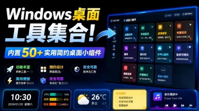 Windows桌面工具集合!内置50+实用简约桌面小组件,含截图、录屏、翻译、天气等,多秘工具箱-来聚吧