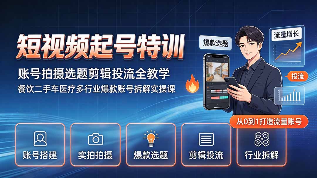 短视频起号特训|账号拍摄选题剪辑投流全教学,餐饮二手车医疗多行业爆款账号拆解实操课-来聚吧