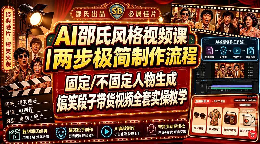 AI邵氏风格视频课|两步极简制作流程,固定/不固定人物生成,搞笑段子带货视频全套实操教学-来聚吧