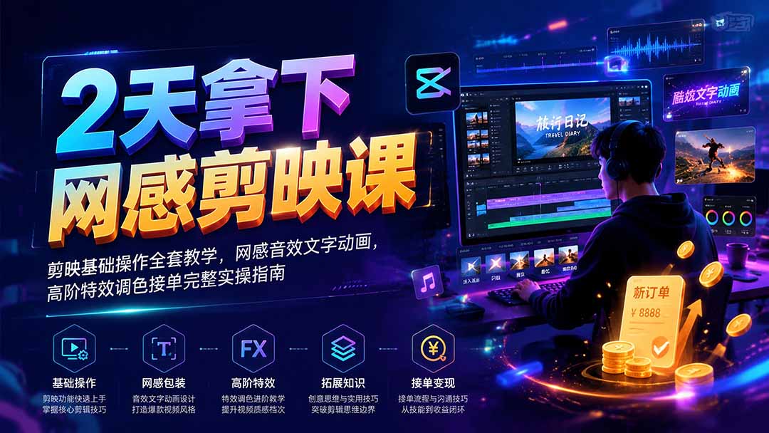2天拿下网感剪辑课|剪映基础操作全套教学,网感音效文字动画,高阶特效调色接单完整实操指南-来聚吧