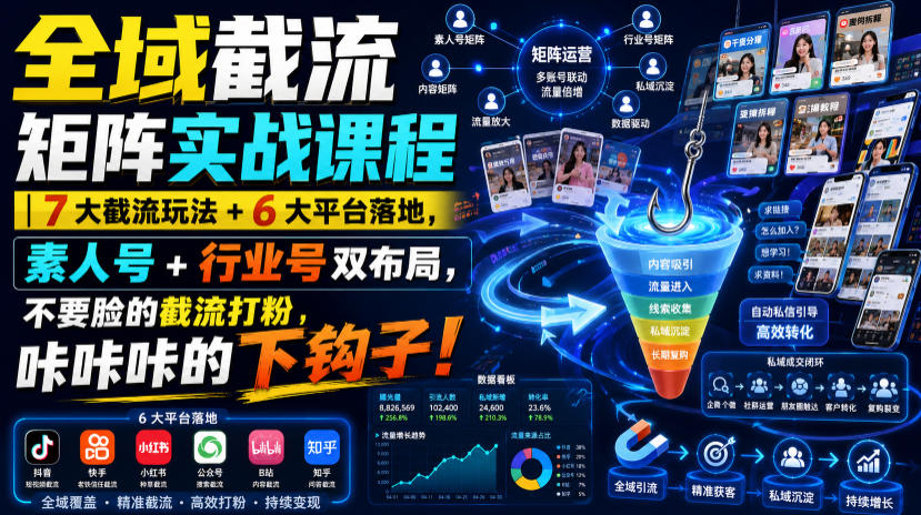全域截流矩阵实战课程|7大截流玩法+6大平台落地,素人号+行业号双布局,不要脸的截流打粉,咔咔咔的下钩子!-来聚吧