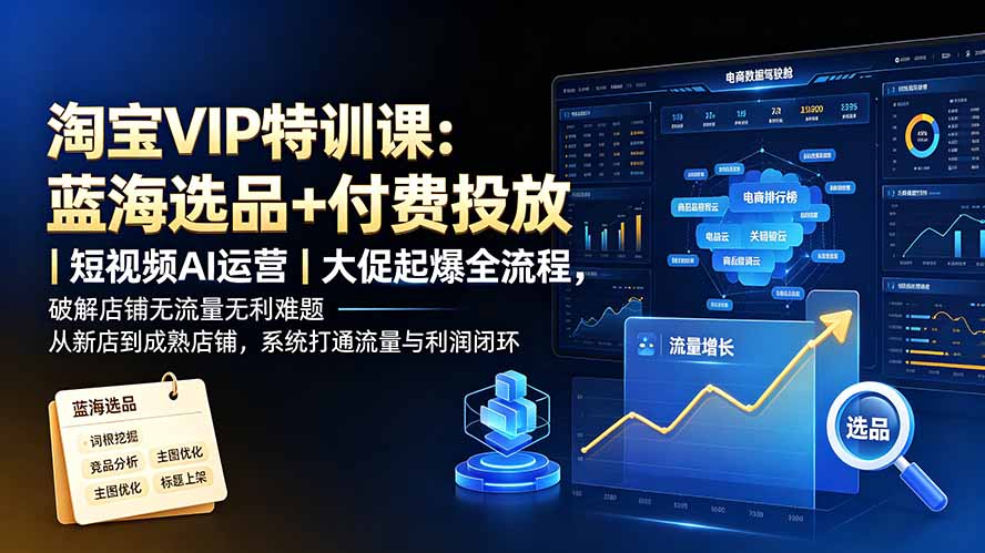 淘宝VIP特训课-更新:蓝海选品+付费投放|短视频AI运营|大促起爆全流程,破解店铺无流量无利润难题-来聚吧