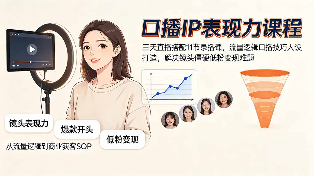 口播IP表现力课程|三天直播搭配11节录播课,流量逻辑口播技巧人设打造,解决镜头僵硬低粉变现难题-来聚吧