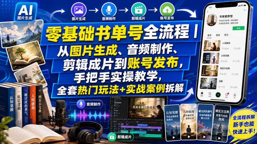 零基础书单号全流程|从图片生成、音频制作、剪辑成片到账号发布,手把手实操教学,全套热门玩法+实战案例拆解-来聚吧