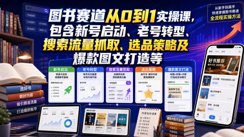 图书赛道从0到1实操课,包含新号启动、老号转型、搜索流量抓取、选品策略及爆款图文打造等-来聚吧