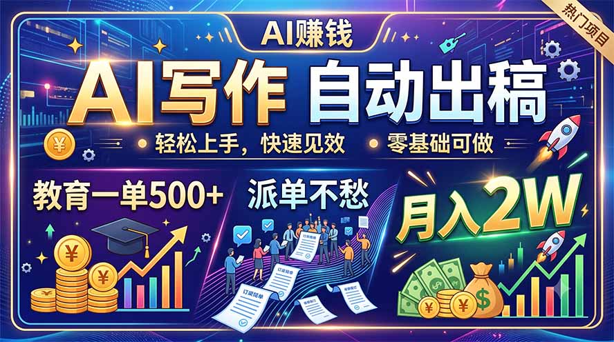 AI写作自动出稿,教育一单500+,派单不愁,月入2W-来聚吧