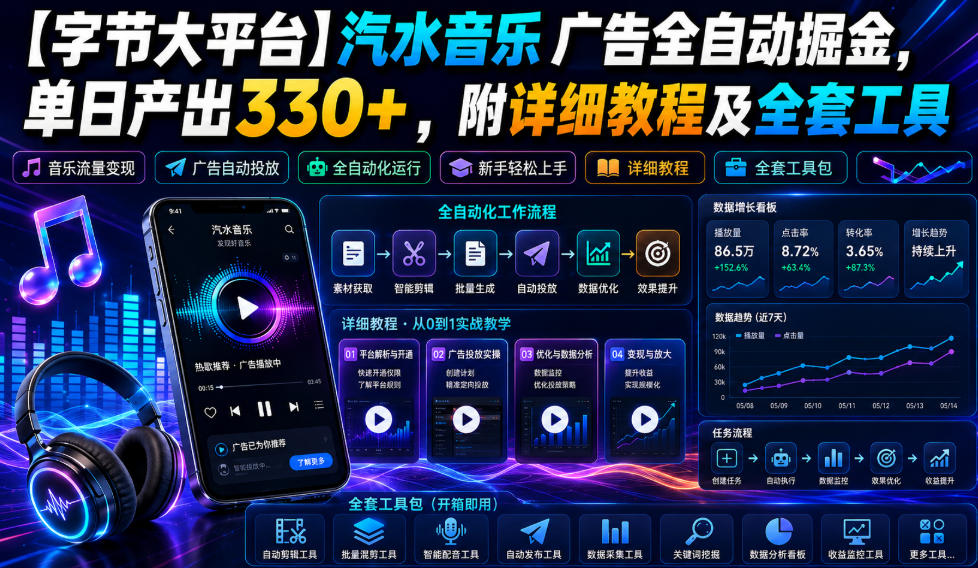 【字节大平台】汽水音乐广告全自动掘金,单日产出330+,附详细教程及全套工具【揭秘】-来聚吧