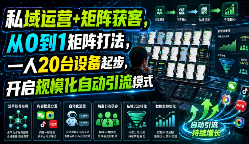 私域运营+矩阵获客,从0到1矩阵打法,一人20台设备起步,开启规模化自动引流模式!-来聚吧