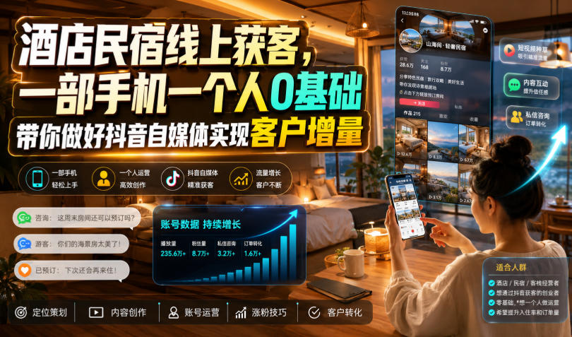 酒店民宿线上获客,一部手机一个人0基础带你做好抖音自媒体实现客户增量-来聚吧