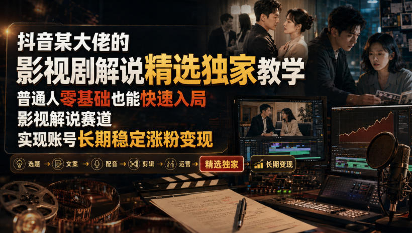 抖音某大佬的影视剧解说精选独家教学,普通人零基础也能快速入局影视解说赛道,实现账号长期稳定变现-来聚吧