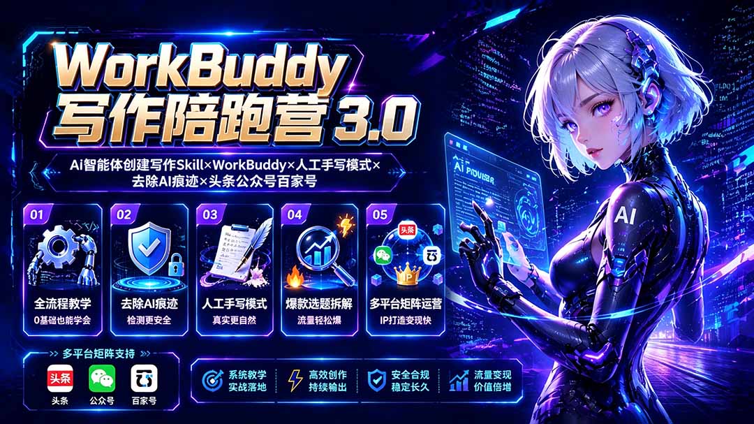 WorkBuddy写作陪跑营3.0-更新:Ai智能体创建写作Skill×WorkBuddy×人工手写模式×去除AI痕迹×头条公众号百家号-来聚吧