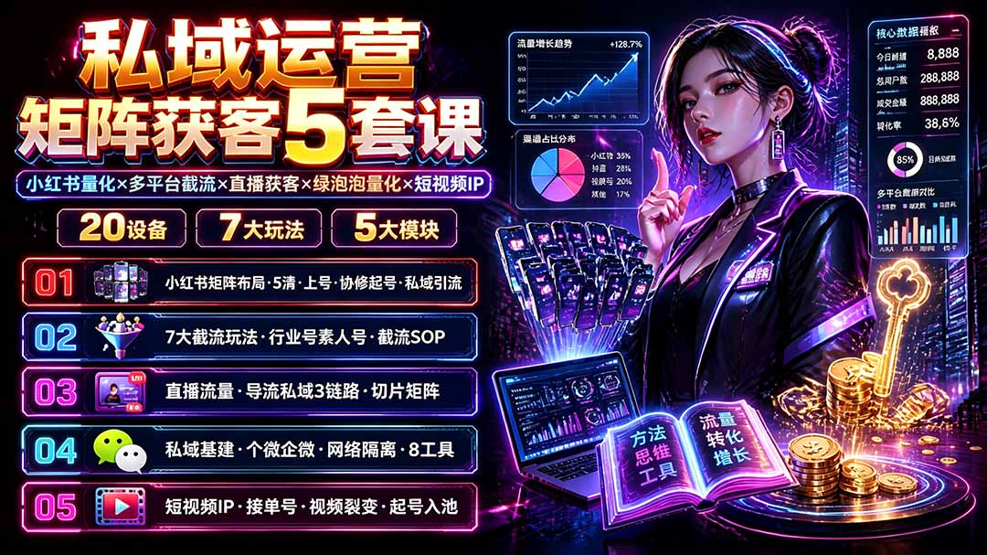 私域运营矩阵获客5套课:小红书量化×多平台截流×直播获客×绿泡泡量化×短视频IP×20设备×7大玩法-来聚吧