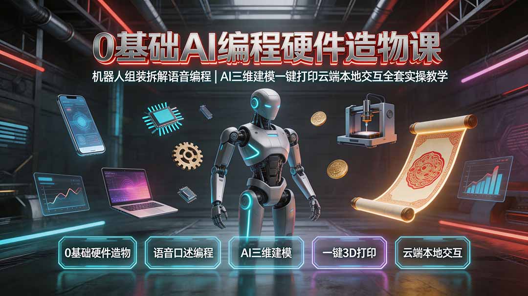 0基础AI编程硬件造物课|机器人组装拆解语音编程,AI三维建模一键打印云端本地交互全套实操教学-来聚吧