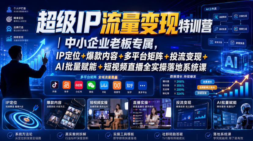 超级IP流量变现特训营|中小企业老板专属,IP定位+爆款内容+多平台矩阵+投流变现+AI批量赋能+短视频直播全实操落地系统课-来聚吧