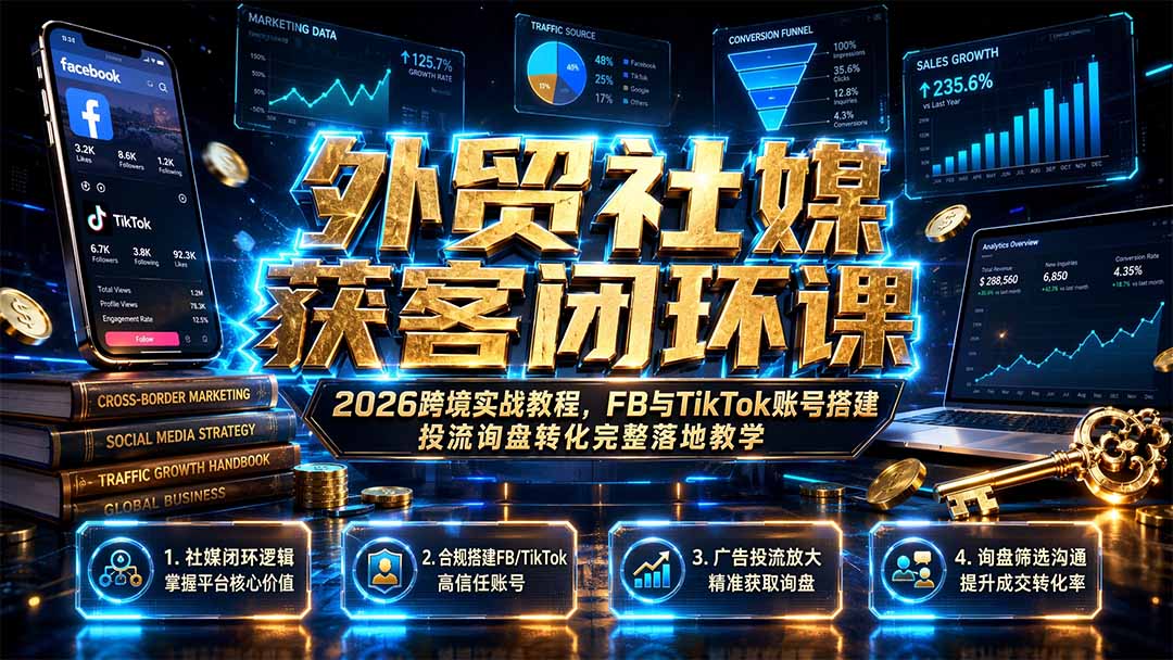 外贸社媒获客闭环课|2026跨境实战教程,FB与TikTok账号搭建投流询盘转化完整落地教学-来聚吧