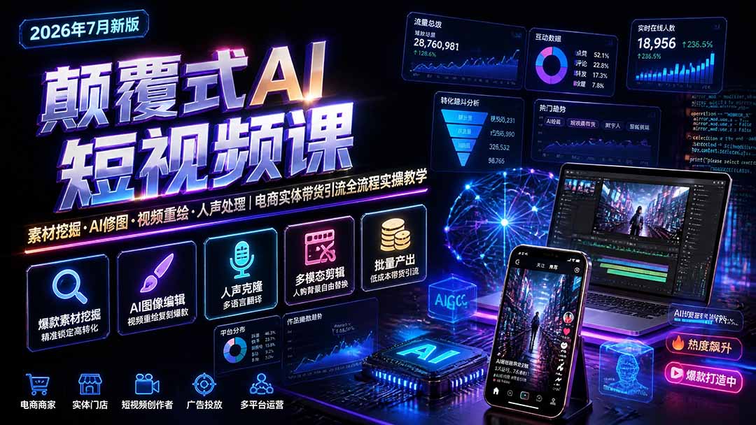 颠覆式AI短视频课|素材挖掘,AI修图,视频重绘,人声处理|电商实体带货引流全流程实操教学-来聚吧
