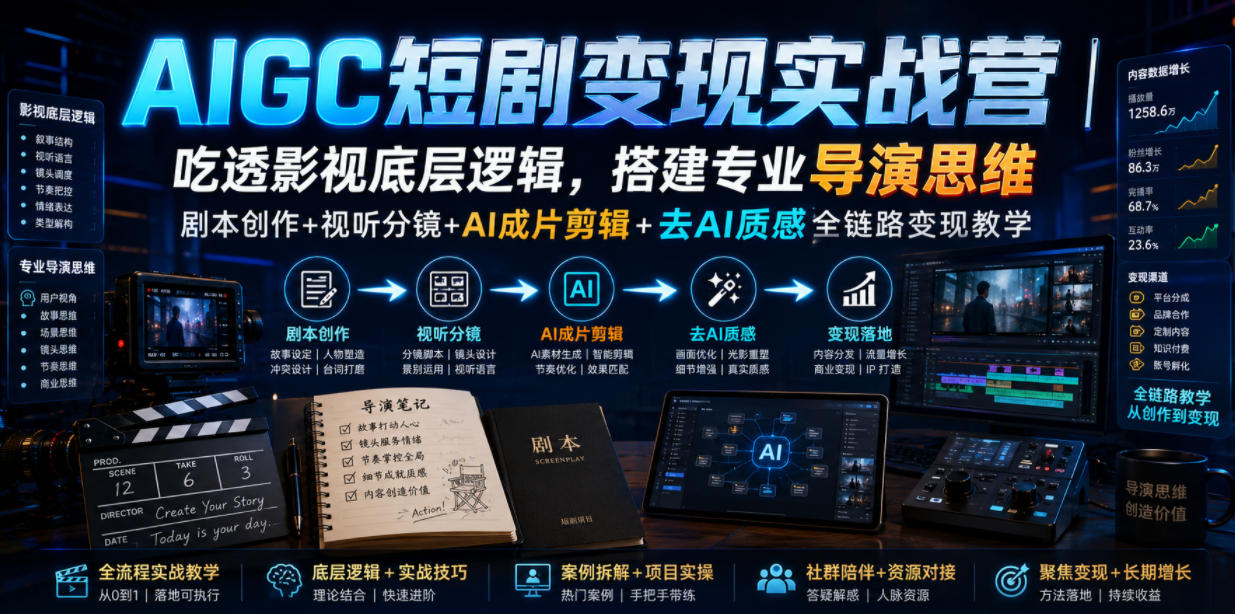 AIGC短剧变现实战营|吃透影视底层逻辑,搭建专业导演思维,剧本创作+视听分镜+AI成片剪辑+去AI质感全链路变现教学-来聚吧