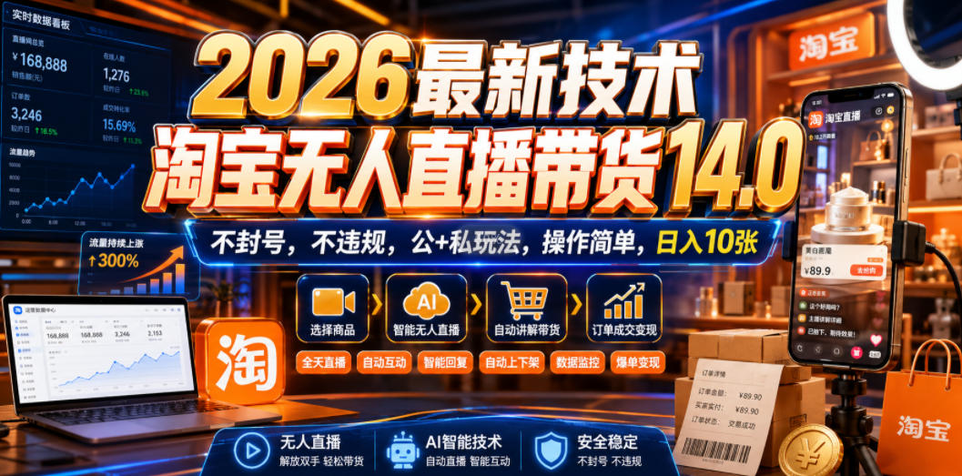 2026最新技术,淘宝无人直播带货14.0,不封号,不违规,公+私玩法,操作简单,日入10张【揭秘】-来聚吧