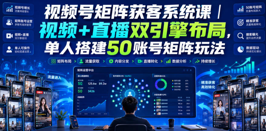 视频号矩阵获客系统课|视频+直播双引擎布局,单人搭建50账号矩阵玩法,流量入池、搜索占位、全域引流沉淀私域全流程教学-来聚吧