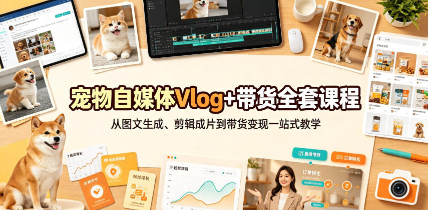 宠物自媒体Vlog+带货全套课程|从图文生成、剪辑成片到带货变现一站式教学-来聚吧