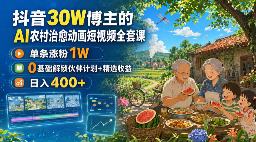 抖音30W博主的AI农村治愈动画短视频全套课|单条涨粉1W,0基础解锁伙伴计划+精选收益,日入400+-来聚吧